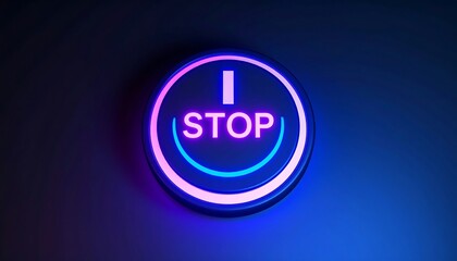 Illuminated circular button displaying "STOP" in neon