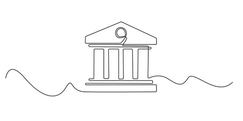 Continuous line drawing of a classical bank or government building, symbolizing finance, law, or institutions. Minimalist design ideal for banking, politics, education, or historical concepts