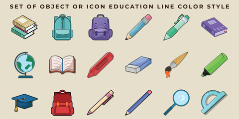 Set of educational icons and objects vector illustration template graphic design. bundle collection of various School Supplies for learning concept with beautiful cartoon style