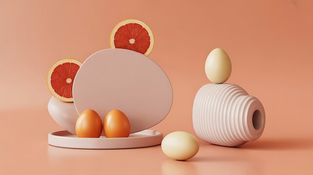 Still life arrangement of eggs grapefruit slices and abstract shapes image photo