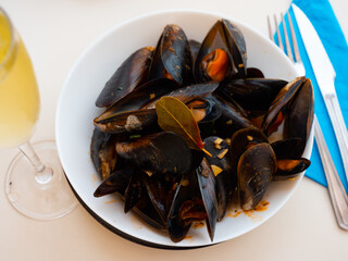 Mejillon a la marinera, traditional spanish cuisine, clams in the shells