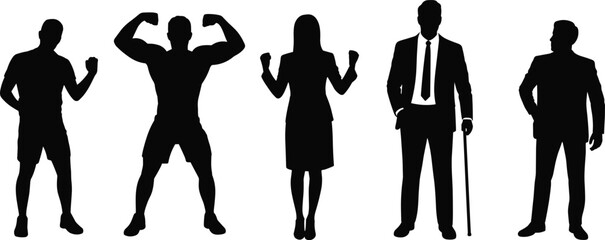 Male and female silhouettes showing strength, confidence, aging progression, fitness to business transformation, black flat vector illustration, life development stages.eps