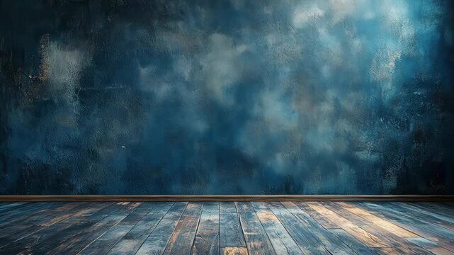 Moody Blue Textured Wall and Wooden Floor Interior Atmospheric Backdrop.