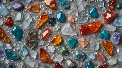 Detailed aerial shot of grey salt crystals spread across a textured surface with embedded colorful ceramic mosaic shards forming abstract shapes, high-resolution,Generative Ai
