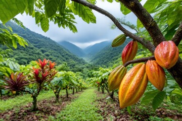 Lush cacao pods on a tropical plantation