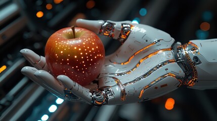 Robotic hand holding red apple illustration