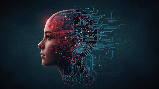 Woman's Head with Red and Blue Digital Circuitry and Data Streams profile female
