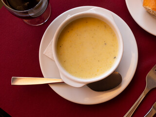 Delicious light healthy vegetable puree soup for lunch. Vegetarian concept..