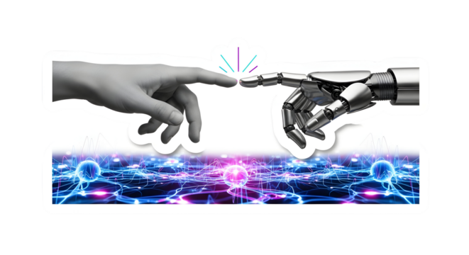 Human ingenuity connecting with artificial intelligence, a symbol of technological advancements and the future, featuring a human hand reaching towards a robot hand