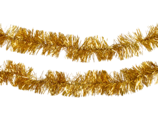 Tinsel Christmas Garland in Metallic Gold, Curled and Twisted, Diagonal Placement, Isolated