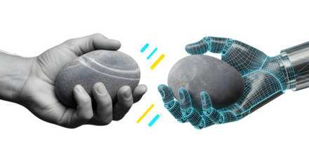 Humanity meets technology with stone exchange, showcasing artificial intelligence with a blend of organic and digital elements, offering a modern take on future trends