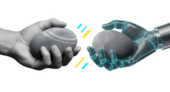 Humanity meets technology with stone exchange, showcasing artificial intelligence with a blend of organic and digital elements, offering a modern take on future trends