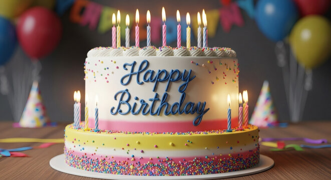 A festive two-tier birthday cake with lit candles and colorful sprinkles, set on a wooden table with party decorations.