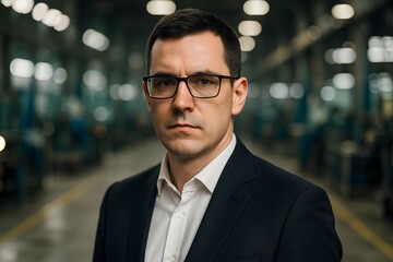 Confident business professional in formal attire standing in industrial factory setting with focused expression, conveying leadership, determination, and corporate identity


