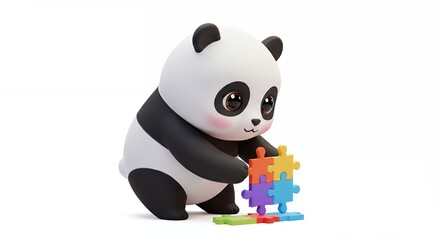 Cute panda playing with colorful puzzle pieces