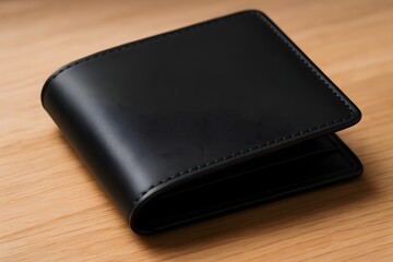 Elegant black leather wallet resting on a wooden surface, showcasing luxury craftsmanship and minimalistic design perfect for finance, fashion, or lifestyle themed content

