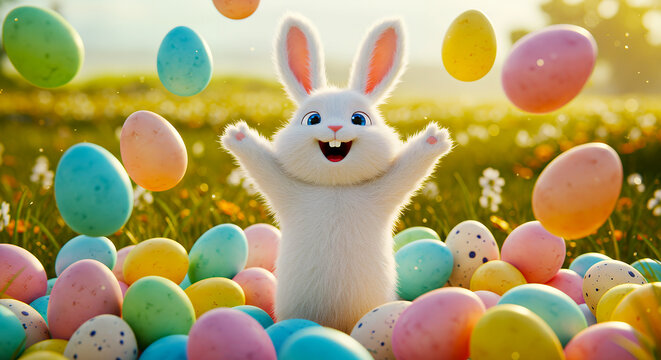 Jubilant Easter bunny, colorful floating eggs, blooming spring meadow, festive celebration
