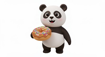 Naklejka premium Panda bear holding a donut cartoon image