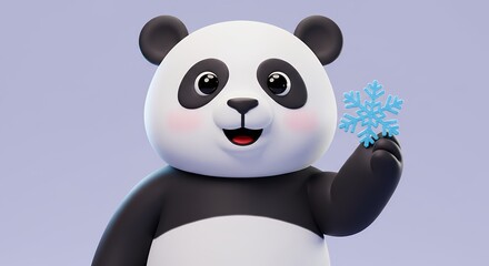 Panda bear cartoon character holding snowflake