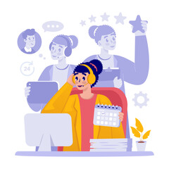 Busy woman multitasking as customer service and secretary assistant vector illustration
