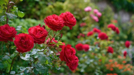 Red roses are in full bloom, showcasing their rich color and intricate petals. Set in a lush garden, this vibrant floral arrangement thrives under the warm sun of late spring.