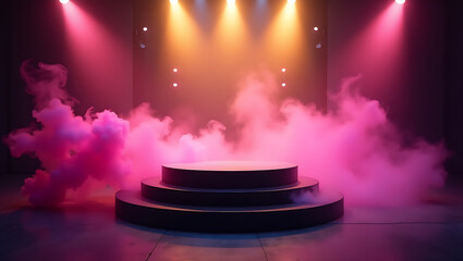 Empty circular stage with pink and yellow spotlights and smoke