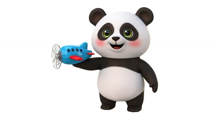 Obraz premium Smiling panda holding toy airplane