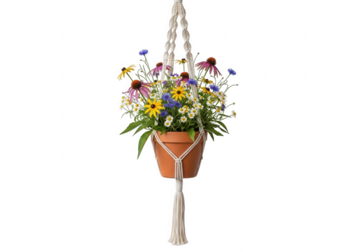 Beautiful wildflowers in a terracotta pot hanging from a macrame plant hanger isolated on transparent background - Powered by Adobe