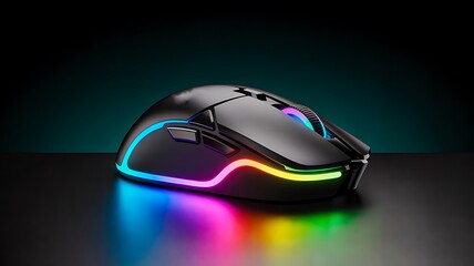 Black gaming mouse with multicolor LED lights on dark surface representing modern technology and accessories

