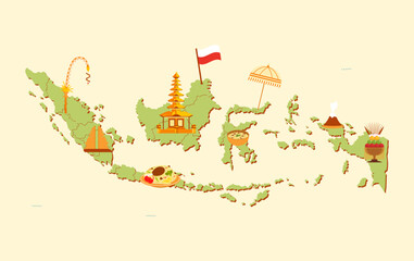 Illustrated Map of Indonesia with Landmarks and Icons