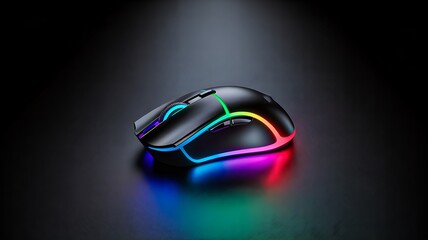 Black gaming mouse with multicolor LED lights on dark surface representing modern technology and accessories
