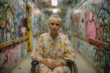 A Quiet Defiance: Young Woman with Buzz Cut in a Graffiti-Lined Corridor