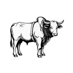 Vector art of hand drawn zebu bull isolated on white background in black and white style