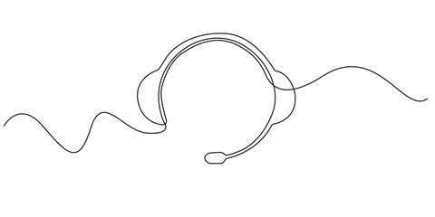 Continuous line drawing of a headset with microphone. A simple and modern illustration symbolizing communication, customer service, call center, podcasting, or online meetings.
