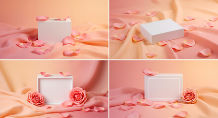 White podium product display with pink rose petals on a silk background, Romantic cosmetic mockup scene with pedestal for beauty presentation, Elegant blank stage on draped satin fabric for advertisin