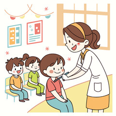 Kids getting vaccinated at school in cartoon style generated by ai
