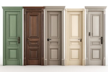 A Row of Five Ornate Interior Doors in Various Classic Colors and Finishes