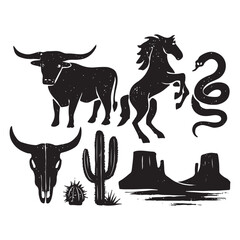 Linocut western boho set vector silhouette.