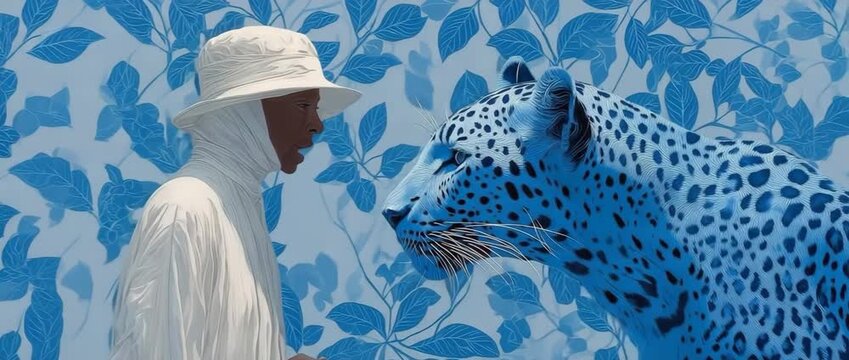 A surrealist encounter between a white figure and a blue leopard