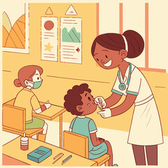 Kids getting vaccinated at school in cartoon style generated by ai