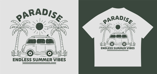 Vintage summer car illustration with palm trees, surfboard, and tropical beach vibes. Perfect for holiday, apparel print, travel poster, and retro design themes © luqart97