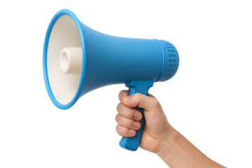 Hand holding a blue megaphone isolated on transparent background