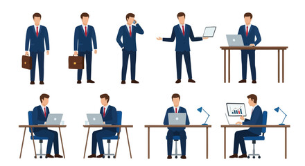 Fototapeta premium Vector art of business man in various poses with laptop, phone, and briefcase, isolated on white background