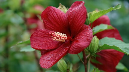 Fototapeta premium A vibrant red hibiscus flower stands out in a green garden, glistening with raindrops. The lush foliage surrounds the bloom, creating a serene atmosphere.
