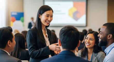 A smiling businesswoman in a black suit talking to a group of people in a conference room.