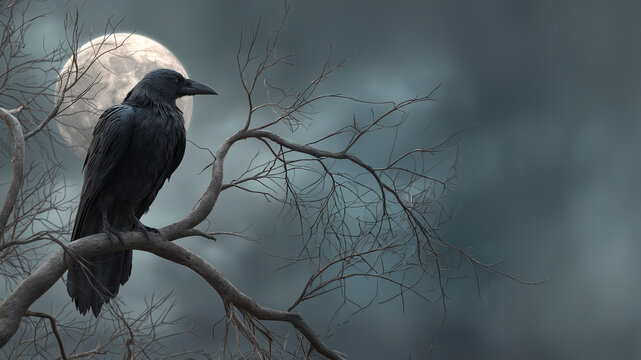 3D spooky raven on creepy tree limb, full moon.