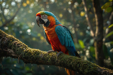 Obraz premium Close Up of Colorful Macaw on Mossy Tree Branch in Wild Forest with Fresh Morning Light 