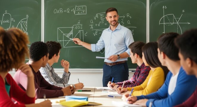 A teacher standing in front of a class of students, teaching mathematics using a chalkboard with mathematical equations and graphs.