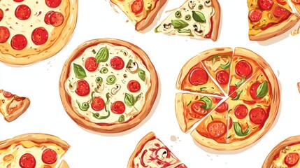 A variety of pizzas featuring pepperoni, vegetables, and cheese are artistically arranged together. Each pizza showcases unique ingredients and colorful toppings.
