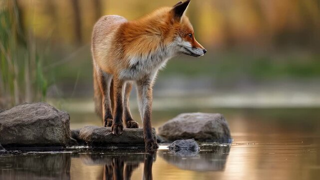 Red fox perched on river stones, intently focused on prey over glassy water in a pristine natural hunting scene